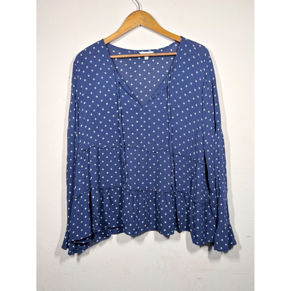Lucky Brand Navy Blue Polka Dot Tiered Peasant Top Long Sleeve XL Boho Blouse - Picture 2 of 8